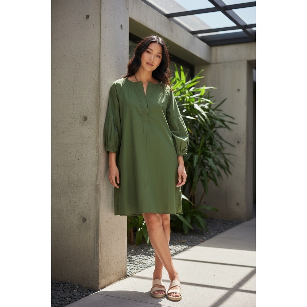 Pomander Place Shift Dress XL Green Excellent Pleated Puff Sleeve Pockets Tunicโ
